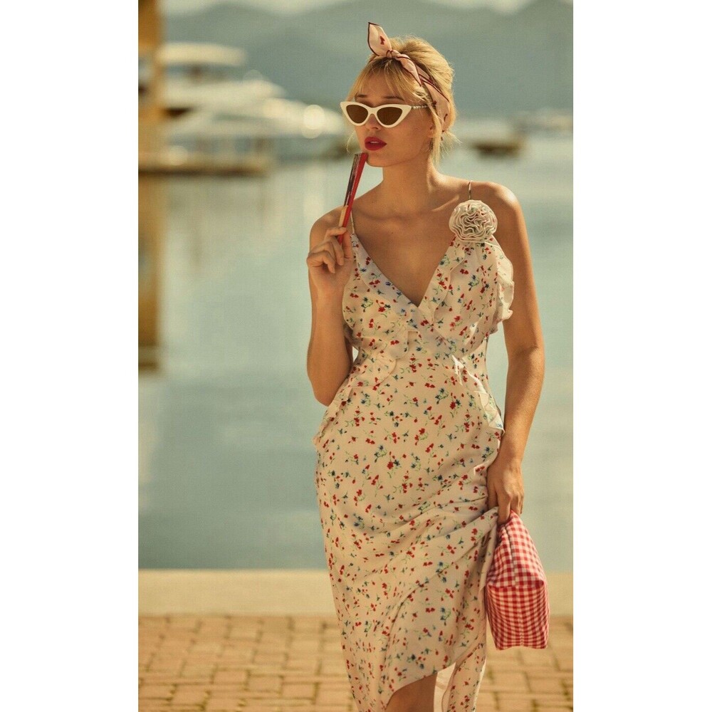 Anthropologie Bardot Midi Dress Olea Floral Ruffle Preppy City Retro US 8 NWT